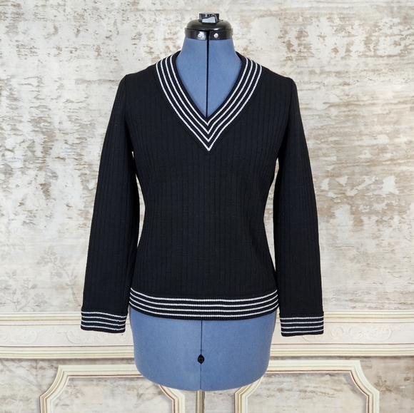 Vintage Sweaters - Vintage 1970s 1960s Black Pullover Striped Top S Academia Butte Knit Beatnick